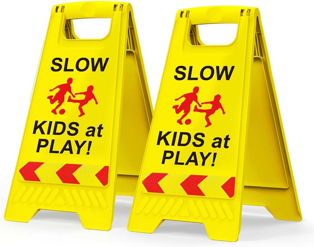 2 Pack Kids at Play Safety Signs for Street, Children at Play Safety Signs with Reflective Tape 17.5" Height Double-Sided Easier to Identify, Slow Down Kids at Play Sign for Street Neighborhoods Community(Yellow)