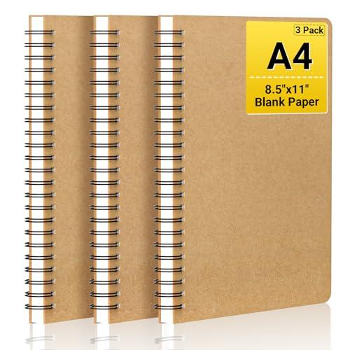 EUSOAR Spiral Unlined Notebook, A4 3 Packs 8.5"x 11" 120 Pages Hardcover Blank College Spiral Travel Writing Journals, Kraft Hardcover, School Students Office Business Diary, Memo Notepad Sketchbook