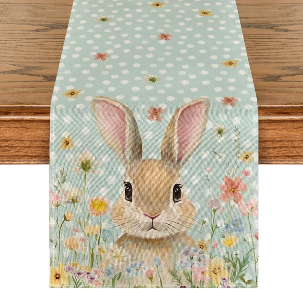 Artoid Mode Bunny Rabbit Floral Polka Dot Happy Easter Table Runner,Seasonal Spring Kitchen Dining Table Decoration for Home Party Decor 13x120 Inch (Blue)