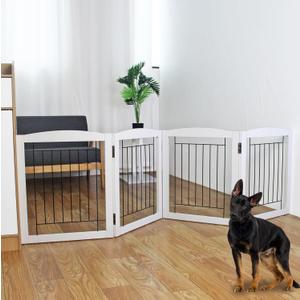 ZJSF Foldable Indoor Dog Door with Walk Through Door, Freestanding Pet Door for The House,Doorways, Stairs, Pet Puppy Safety Fence with Support Feet, White 4 Panels 80" Wide 24''Height