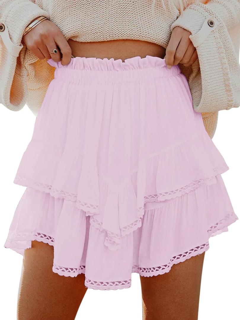 Flowy Shorts for Women Casual Boho Ruffle Tiered Skorts High Waist Mini Skirts Golf Tennis Crochet Shorts (Medium, All Sakura Pink)