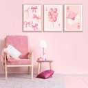 2 x 3 Pcs Fashion Pink Bow Canvas Wall Art Preppy Girly Aesthetic Painting Picture Wall Decor Balloon Envelope Poster Prints for College Apartment Girls Bedroom Living Room Home Decor (Poster 16x24 Inch)