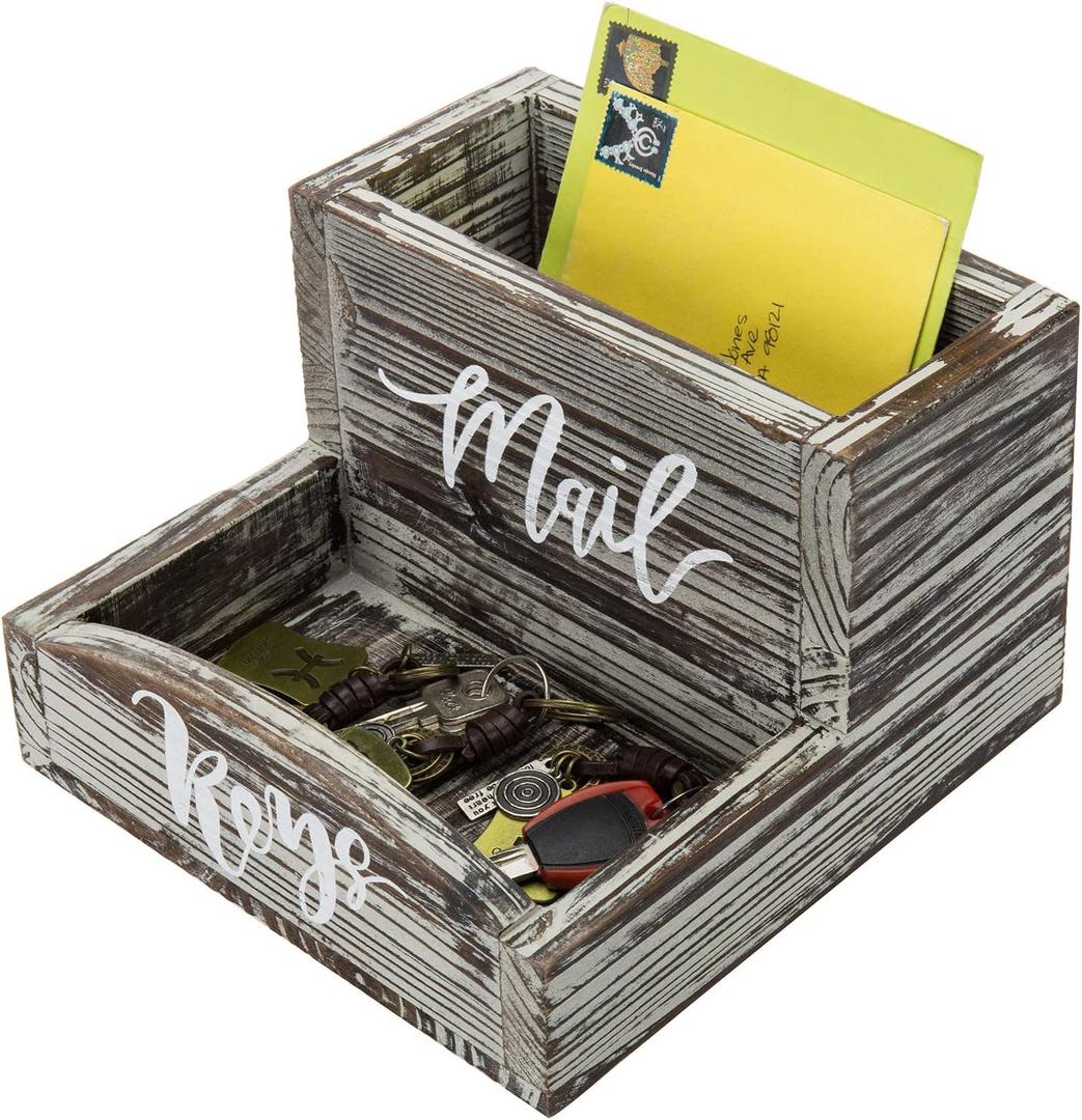 MyGift Rustic Torched Wood Mail Holder and Key Organizer Entryway Storage Tray with Cursive Mail and Keys Word Design, Office, Dorm, Classroom Desktop Organizing Bin