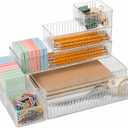 7 PCS Clear Drawer Organizer Bins, Stackable Office Desk Drawer Organizers with 7 Connector Clips, 4 Sizes Plastic Drawer Trays for Office Supplies, Bathroom, Vanity, Makeup & Kitchen