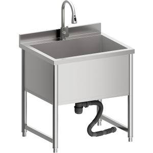 Stainless Steel Commercial Restaurant Sink, Freestanding Large Commercial Sink with Pull-out Faucet for Kitchen Dishwashing, Thawing, Pet Cleaning, Laundry Room, 23.6"D x 27.5"W x 36.8"H