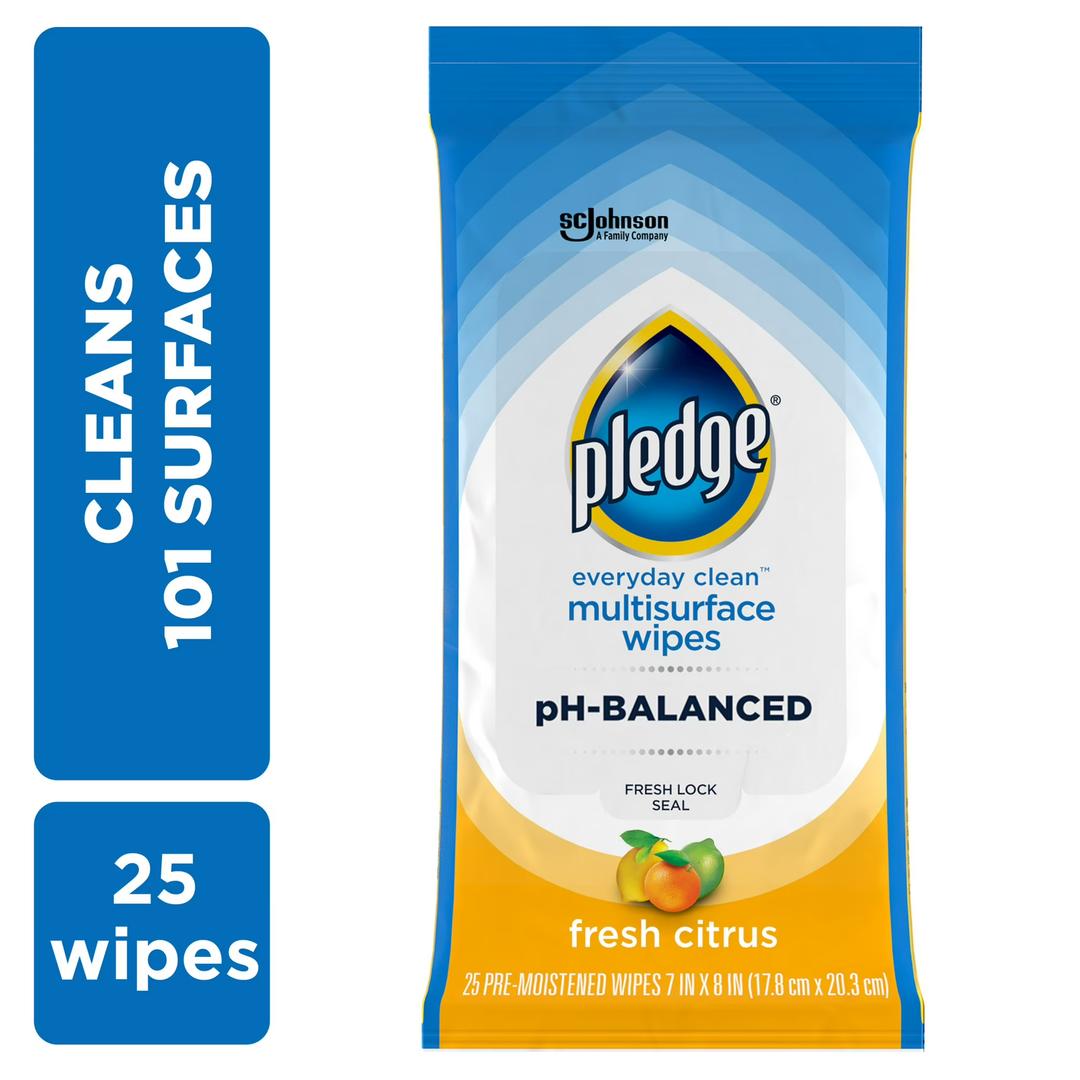 Pledge Multisurface Cleaning Wipes, pH Balanced, Fresh Citrus, 25 Count (Pack of 4, 100 Total Wipes)