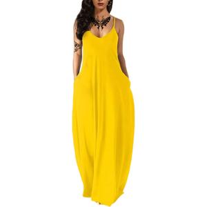 Women's Summer Maxi Dress Long Dress Casual Boho Sleeveless Strap Smocked Tiered Long Beach Sun Dresses (Medium, Yellow)