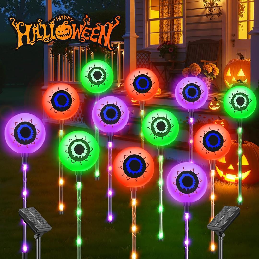 2025 Upgraded 12 Pack Halloween Solar Eyeball Lights Outdoor Decorations: 8 Modes Multicolor Waterproof Halloween Pathway Lights, Orange Purple Green Colorful LED Scary Light for Garden, Yard Decor