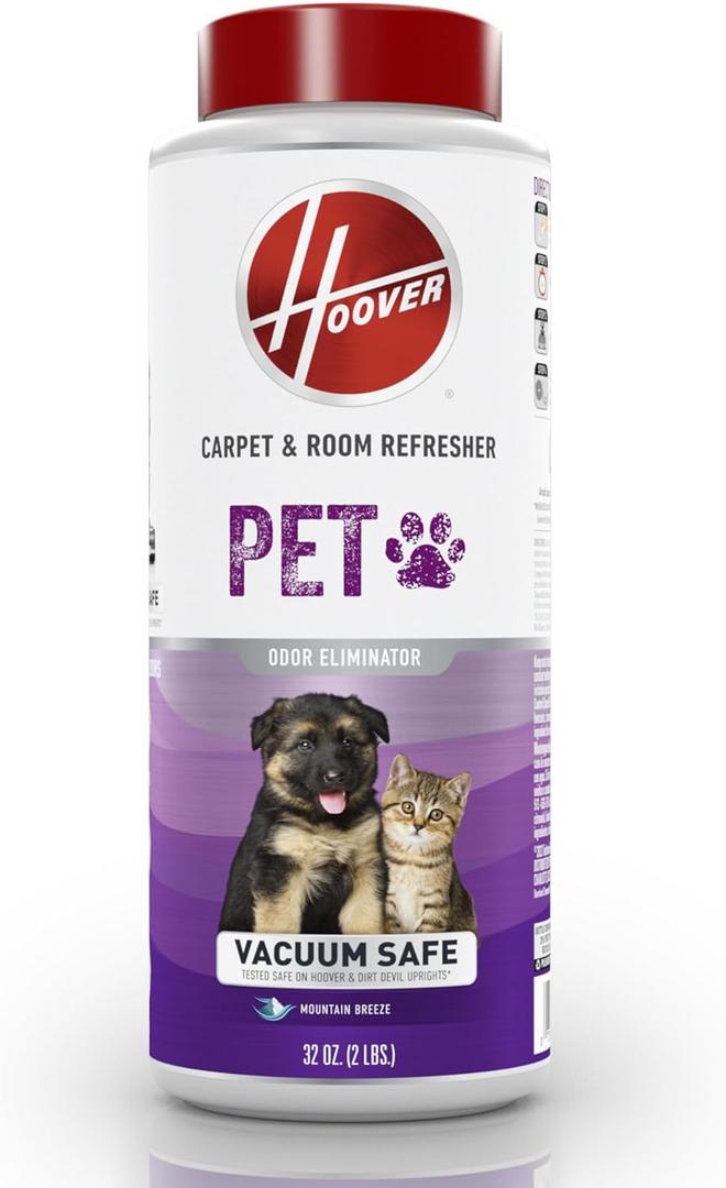 Hoover Pet Carpet and Room Refresher, 32 oz, Carpet Powder, Pet Odor Remover, Mountain Breeze Scent, Vacuum Cleaner Safe, For Use on Carpets, Rugs, Couches & More, For Home Use (32 Ounce (Pack of 1))