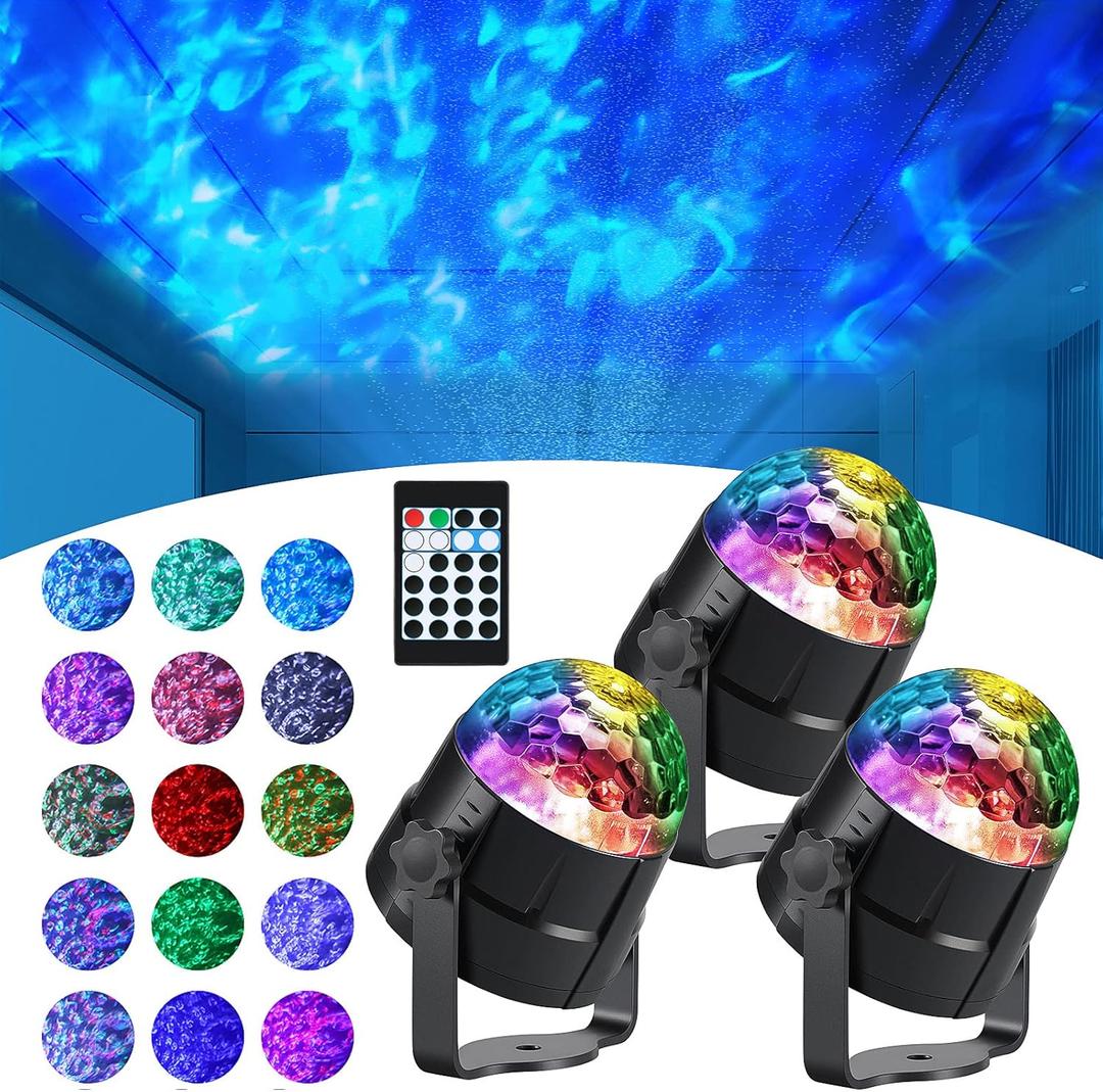 Preboun 3 Pcs Water Light Projector Ocean Wave Light Outdoor Water Effect Night Projector, 15 Colors LED Waterproof with Remote for Wedding Party Landscape Wall Tree Decoration