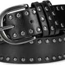 maikun Studded Leather Belt for Women, Punk Goth Grunge Belt for Jeans Pants Dresses (M: Waist size 32-36'', Black)