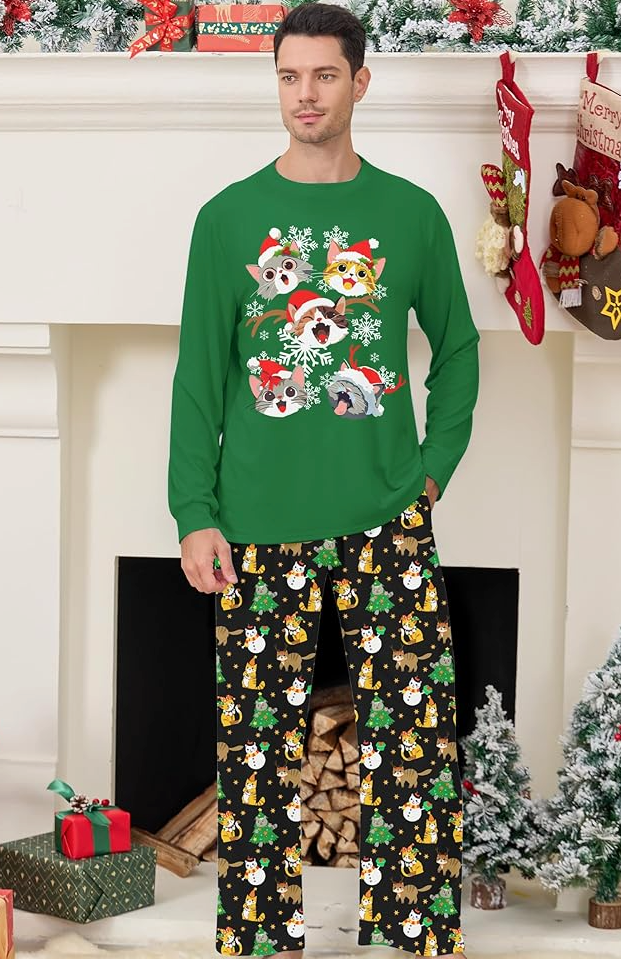 ALISISTER Christmas Pajamas for Women Matching Couple Pjs Set Funny Cats Xmas Tree Shirt and Sleep Pants 2 Piece Holiday Long Sleeve Sleepwear  (XXL, 02 Cat Lights)