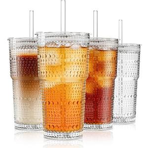 INSETLAN 20oz Hobnail Glass Cups with Lids and Glass Straws  4 Pieces, Thick-Walled Glass Tumblers for Iced Coffee, Smoothies, Milk, Water, Juice, and More  Elegant and Durable Drinking Glasses