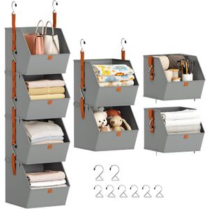 Hanging Closet Organizer 4 Tier - Clothes Hanging Shelves, Space-Saving Closet System, Fabric Storage Bins Bedroom Organization, Collapsible Baskets for Home, Dorm, Rv, Grey