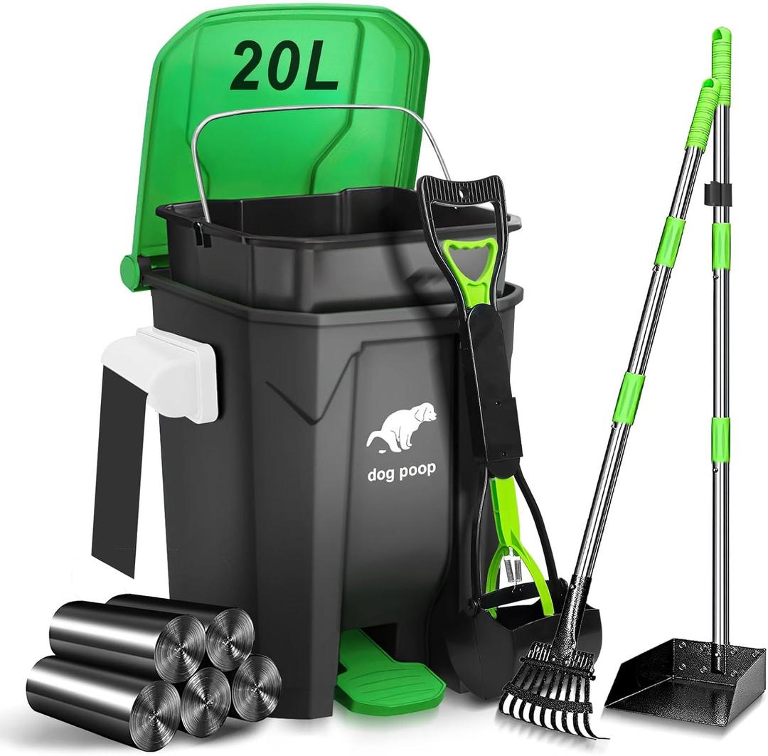 Dog Poop Trash Can Outside with Pooper Scooper and Metal Rake & Tray, 20L/5Gal Dog Waste Trash Can with Lid, Pedal and Removable Inner Waste Bin, Dog Poop Bin with 100 Bags, Green
