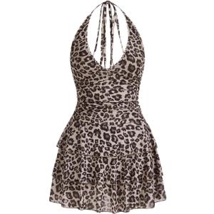 WDIRARA Women's Y2k Leopard Print Halter Dress Tie Backless Layered Ruffle Hem Mini Dresses Cheetah Mesh Dress (Medium)