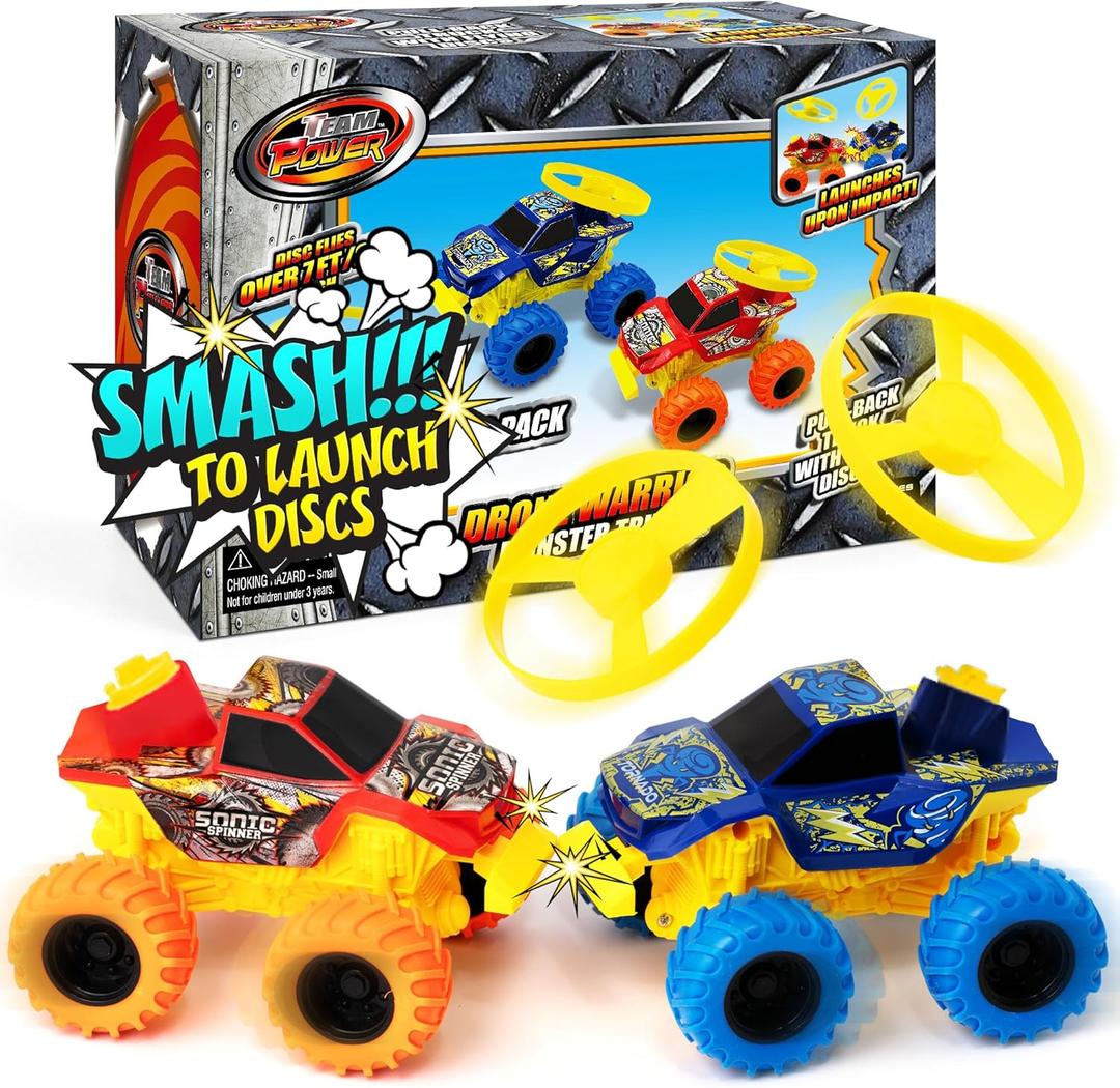 Team Power Monster Truck Toys Drone Warrior, Disc-Launching 2-Pack 5.2" Battle Trucks with Pull-Back Motors, Age 3, 4-7 and Above for Boys & Girls