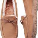 VLLy Mens Moccasin Slippers with Memory Foam Arch Support, Non Slip Rubber Sole House Shoes for Men Machine Washable Warm Fleece Lined Indoor Outdoor Home Shoes (12, Classic Brown)