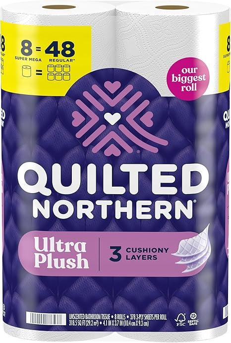Quilted Northern Ultra Plush Toilet Paper, 8 Super Mega Rolls = 48 Regular Rolls, 3X Thicker*, 3 Ply Soft Toilet Tissue