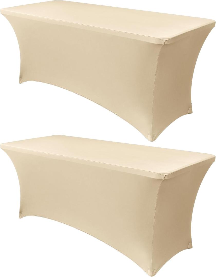 Obstal 4Ft Stretch Spandex Table Cover for Standard Folding Tables - 2 Pack Universal Rectangular Fitted Tablecloth for Party, Banquet, Events, Trade Show (Champagne, 48L x 24W x 30H Inches)