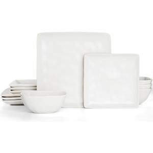 Famiware Dinnerware Sets for 4, Ocean Square 12-Piece Kitchen Plates and Bowls Sets, Microwave and Dishwasher Safe, Scratch Resistant, Matte White