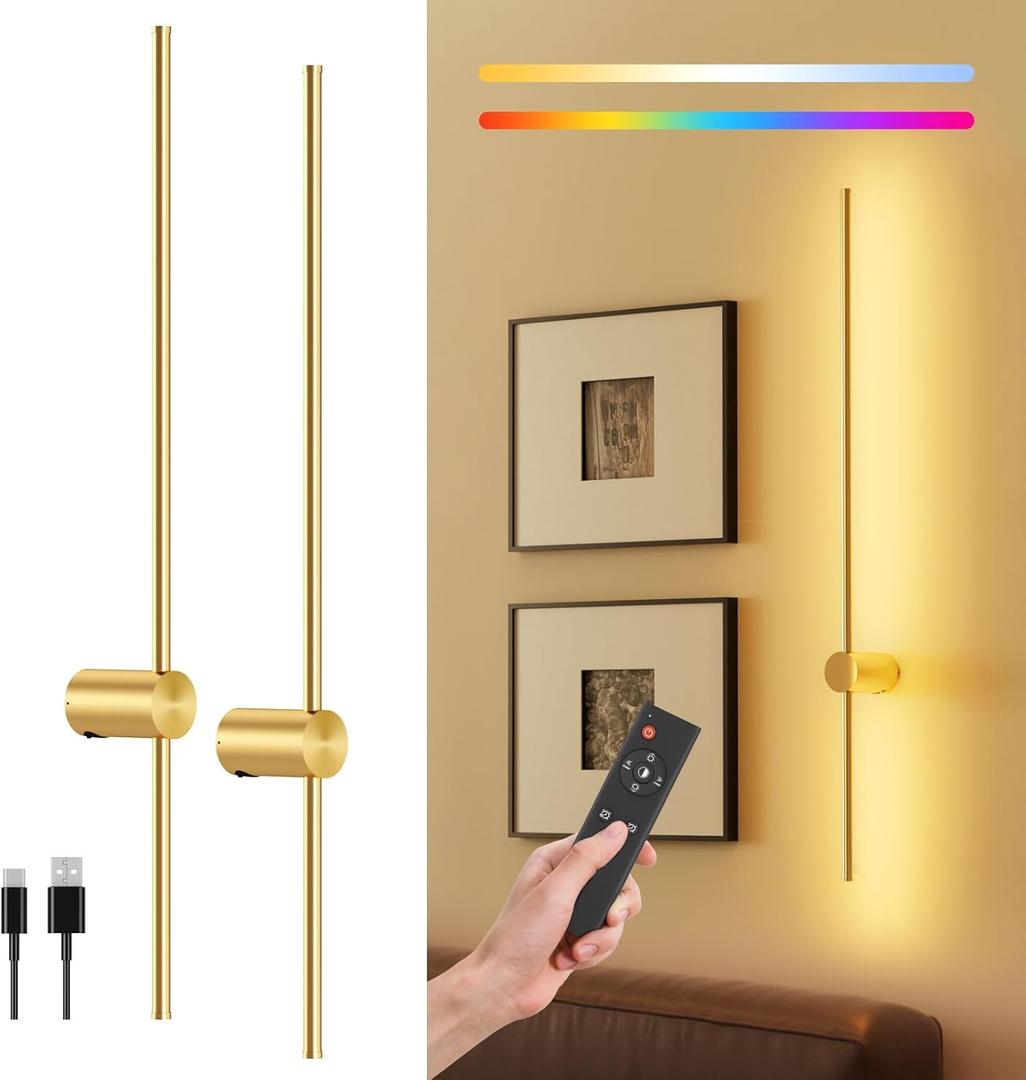 Battery Operated Wall Sconce Set of 2, 10000mAh Rechargeable Dimmable LED Wall Lamps with Remote, Modern Wireless Wall Lights for Bedroom, Living Room, Hallway, Indoor Decor, 40 Inch, Golden