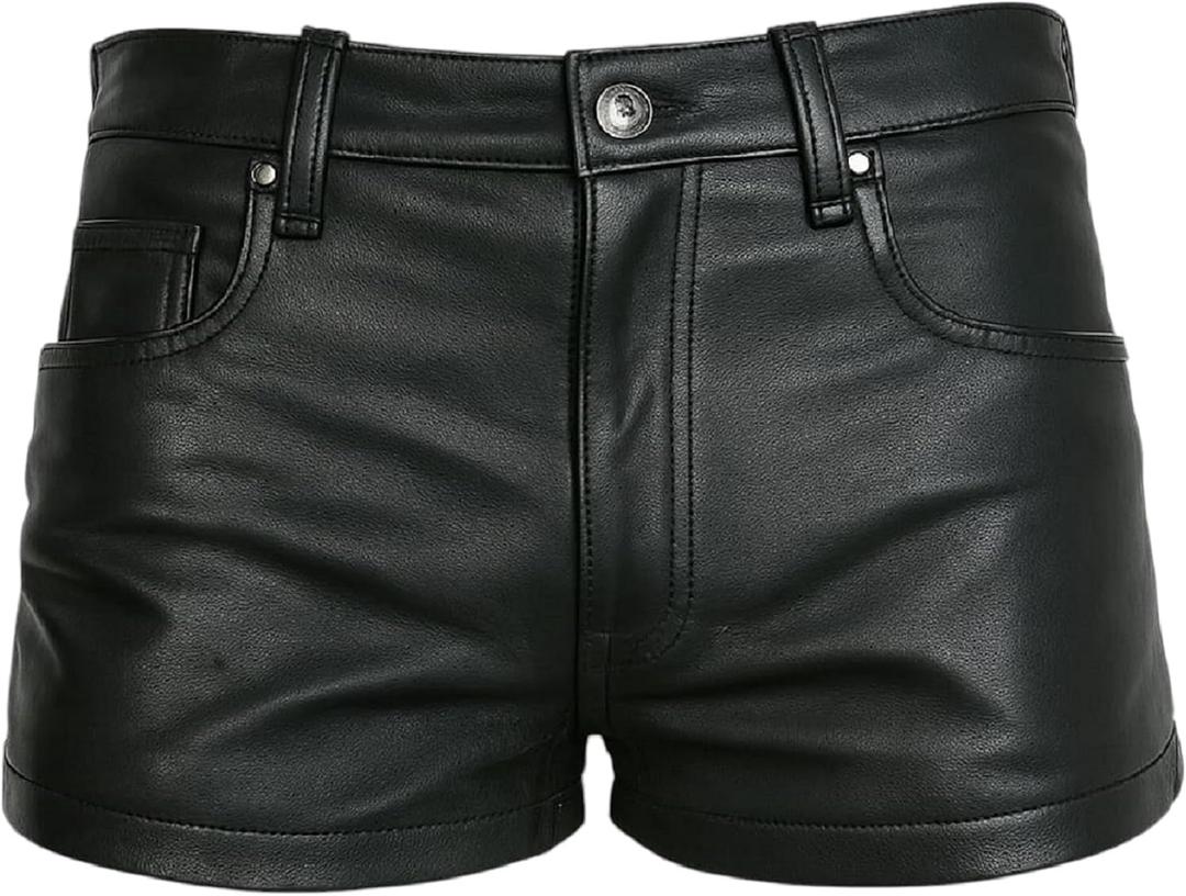Genuine Leather Shorts for Men Black 5 Pockets Pants Style Zipper Nicker Shorts Lighweight Workout Running Gym Party