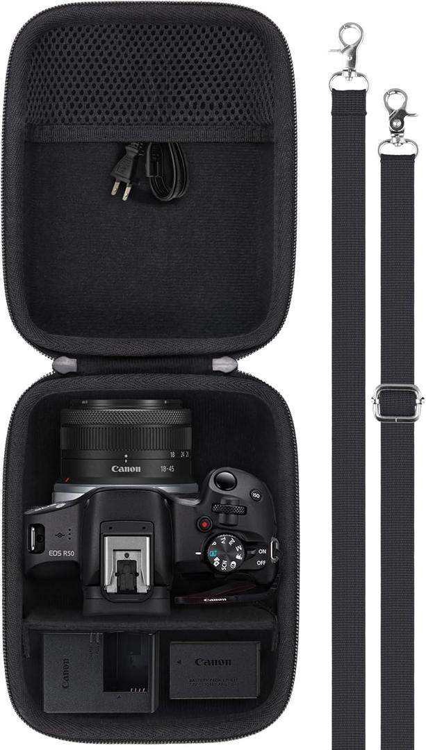 Baval Camera Case compatible with Canon EOS R50/R100 Mirrorless Camera with RF-S18-45mm F4.5-6.3 is STM PTZ Lens, Carrying Case with Shoulder Strap(Black Case)