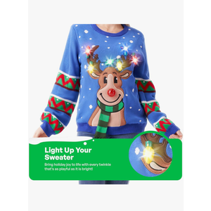 JOYIN Ugly Christmas Sweater Women Men Couples, LED Light Up Ugly Christmas Sweater Kids 2025 Reindeer(Blue Large