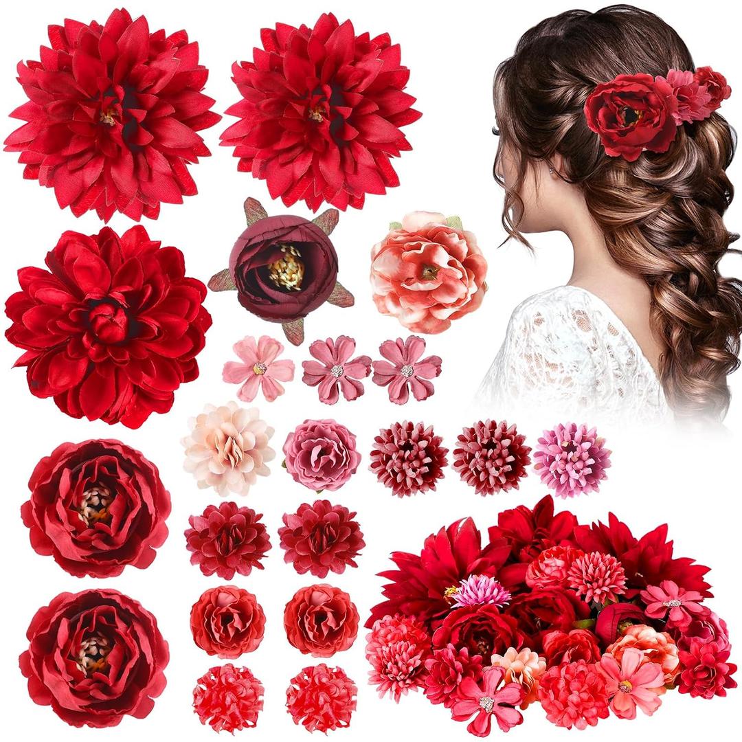 BBTO 21 Pcs Flower Hair Clip Rose Hair Clips Barrettes for Women Flower Accessories Boho Bride Claw Clip Hairpin Brooch Pin Headpiece for Wedding (Red Series)