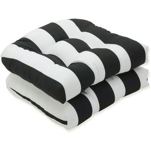 Pillow Perfect Stripe Indoor/Outdoor Chair Seat Cushion, Tufted, Weather, and Fade Resistant, 19" x 19", Black/White Cabana Stripe, 2 Count