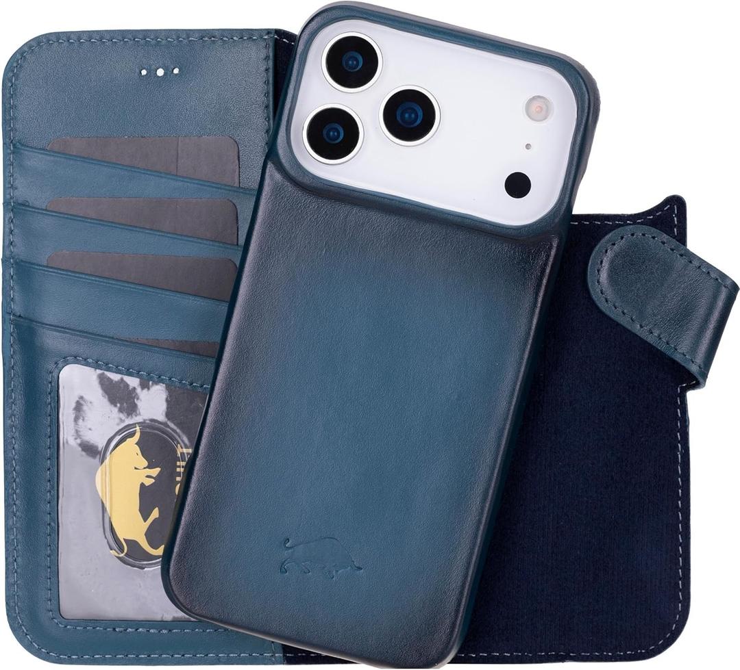 VENOULT Leather Wallet Case for iPhone 17 Pro Max, Full Grain Genuine Leather, Magnetic Detachable, 4 Card Holder, Buesiness Style, Compatible with MagSafe, RFID, Handmade (Admiral Blue)