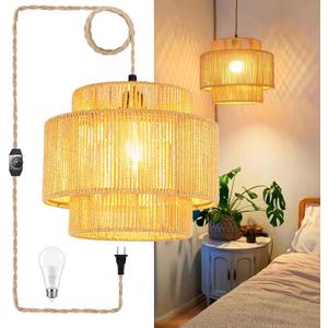 QIYIZM Plug in Pendant Light Hanging Lights with Plug in Cord Boho Hanging Lamp Dimmable,Rattan Wicker Woven Bamboo Lamp Shade, Plug in Ceiling Light Fixture for Living Room Bedroom Kitchen