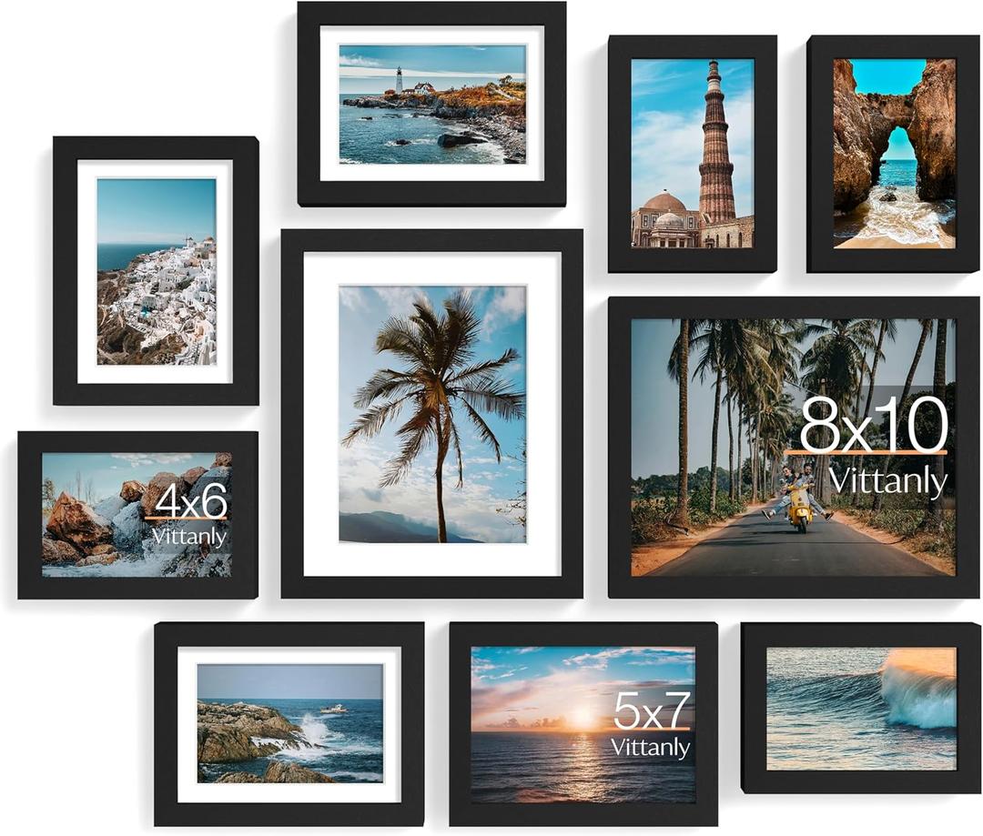Vittanly 10 Pack Picture Frames Collage Wall Decor, Gallery Frame Set for Wall Mounting or Tabletop Display, Multi Sizes Including 2pcs 8x10, 4pcs 5x7, 4pcs 4x6, Black