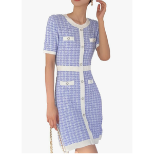 URBAN REVIVO Women's Sweater Dress Knit Tweed Dress Short Sleeve Pearl Button Mini Dresses Trendy for Fall Spring Summer (Medium, Black-style-1)