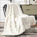 Cozy Bliss Faux Fur Textured Throw Blanket for Couch Super Soft Fuzzy Bed Blanket Gift for Women Premium 3D Ribbed Jacquard All Season Use Cream White Zigzag 50"*60"