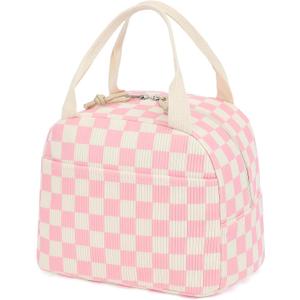 Corduroy Lunch Box for Women Girls, Lunch Tote Bags Reusable Insulated Cooler Lunchbag Large Capacity Lunchbox for Work Travel Picnic (Checkered Pink)