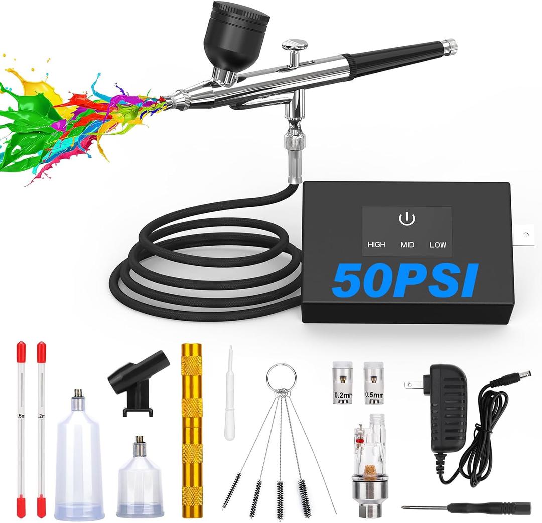 TURNRISE Airbrush Kit with Air Compressor: 50 PSI High Pressure Air Brush Kit with 0.2/0.3/0.5mm Nozzle & Cleaning Set for Painting, Modeling, Cake Decorating, Makeup, Nails, Crafts