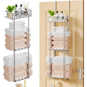 HapiRm Towel Rack Bathroom Storage - 3 Tier Over The Door & Wall Mounted Rolled Towel Racks Holder Organizer with Metal Shelf and 6 Hooks for Small Bathroom, Camper, Rv - Sliver (Silver)