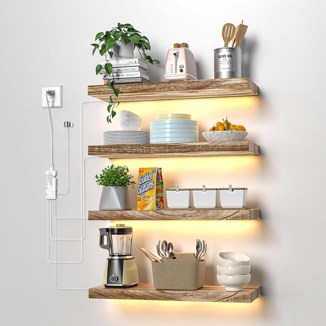15.8" Floating Shelves,Invisible Wall Mounted Display Wooden Shelves with 3000K Dimmable Wired Recessed LED Light Bar,for Living Room Bedroom Kitchen Bathroom Office, Rustic Brown,4Pcs