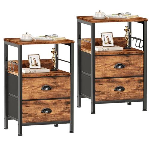 Furologee Night Stand Set of 2, Nightstand with 2 Fabric Drawers, Bed Side Table with Open Shelf, Wooden Top, Hooks, Backboard Design, End Table for Bedroom, Study, Hallway, Brown