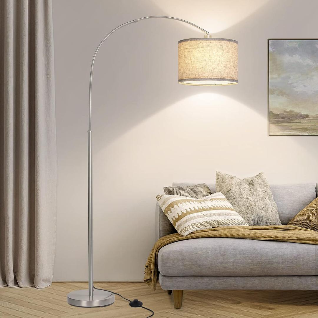 Arc Floor Lamp, Modern Floor Lamp for Living Room with Adjustable Head, Tall Pole Lamp with On/Off Pedal Switch, Over Couch Arched Tall Standing Light for Reading, Bedroom, Office (Silver)
