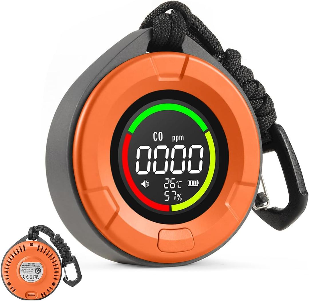 3-in-1 Portable Carbon Monoxide Detector for Travel, Portable Travel CO Detector Rechargeable CO Alarm with Temperature & Humidity Display, Travel Carbon Monoxide Detectors for RV, Camping (Orange)