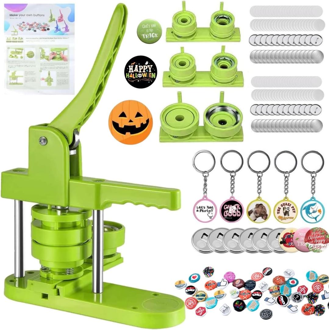 Button Maker Machine Pin Maker 1''+1.25''+2.25'' Button Making Supplies, DIY 300 Pinback Button/10 Keychain Badge/10 Bottle Opener Button/10 Flat Badge for Christmas Party (Green, 1''+1.25''+2.25'')
