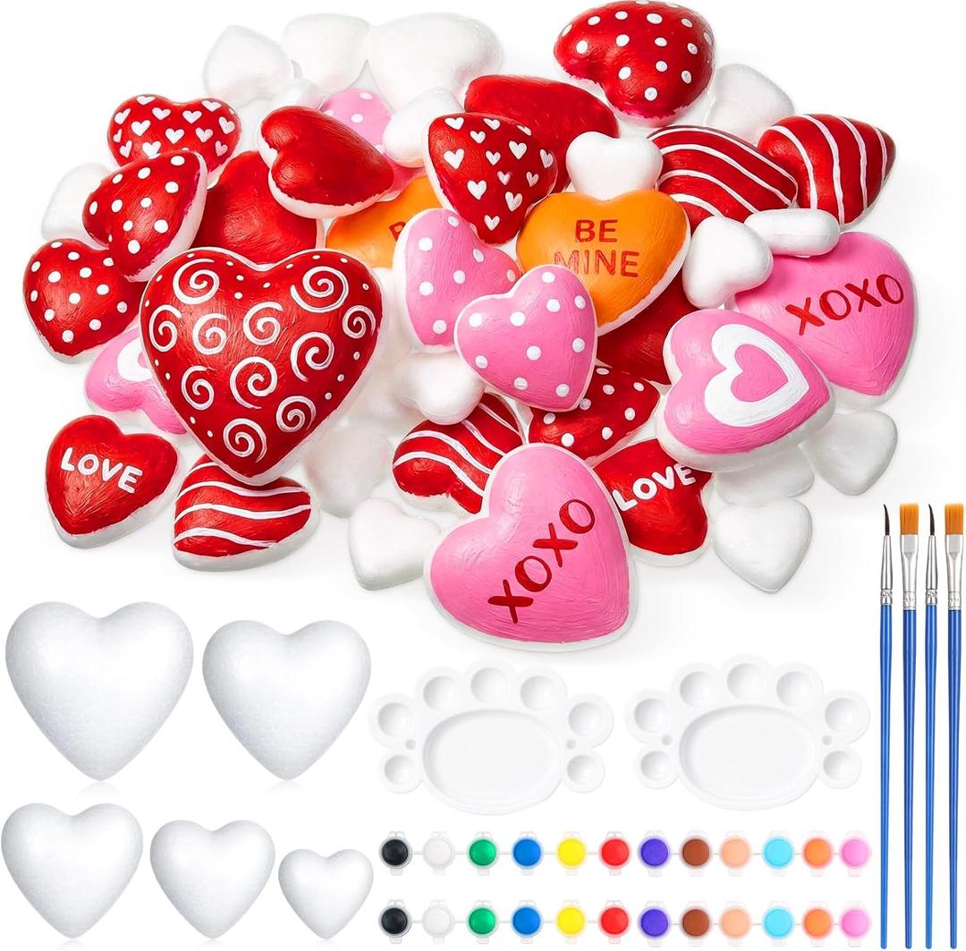 Seenelling 56 Pcs Valentine's Day Foam Hearts for Adults Polystyrene Foam Balls Crafts Painting Kit Paint Your Own Hearts Shape Crafts Gifts DIY Unpainted Paintable Statues for Wedding Wedding Decor