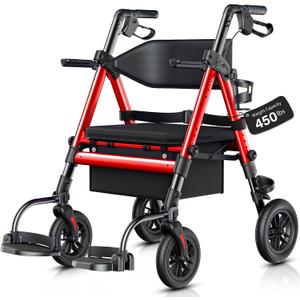 Walkers for Seniors 2 in 1 Wheelchair Combo, 450 lb Foldable Rollator Transport Chair with Seat, Heavy Duty Rolling Walker 10" Wheels for All Terrain, Red
