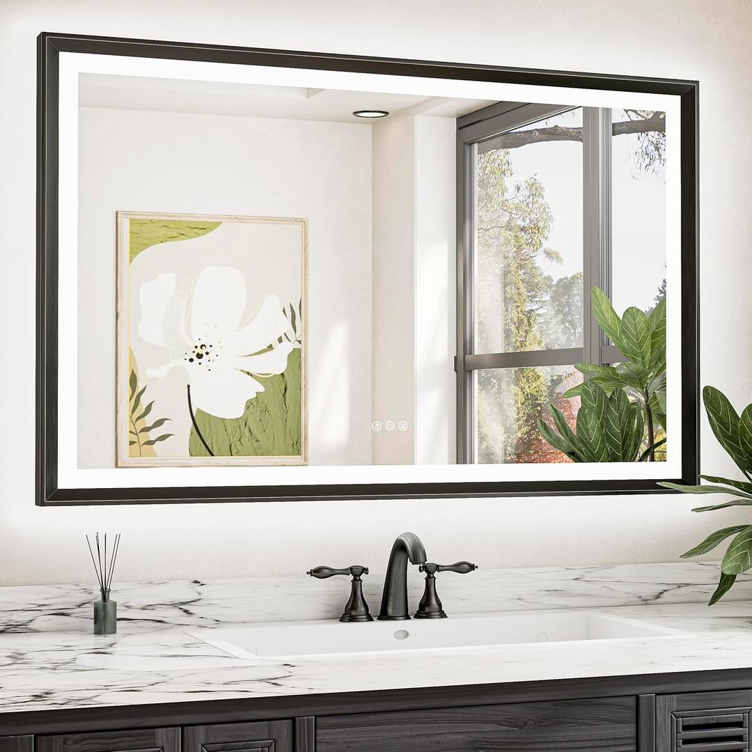TETOTE Black LED Bathroom Mirror with Lights 48x30 Front & Back Light Vanity Framed Mirror Baroque Gothic Anti Fog Dimmable White/Warm/Natural,CRI90+,Waterproof,Wall Mounted(Horizontal/Vertical)