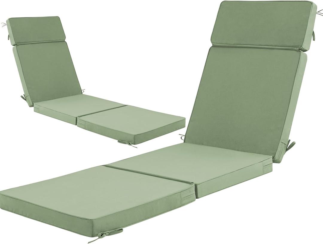 72 x 21 Inch Outdoor Chaise Lounge Cushions Set of 2 - Removable Cover, 4-Section Design, Water-Repellent & Fade-Resistant, 6 Tie Straps, Replacement for Patio & Pool Chairs - Sage Green