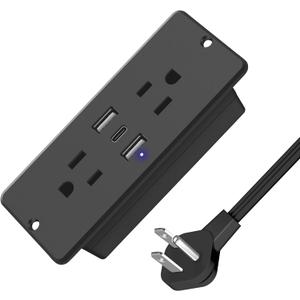 HHSOET 5 in 1 Recessed Power Strip Flat Plug, 20W Fast Charging Furniture Outlet with USB, Conference Recessed Socket with 2 AC Plugs, 2 USB Ports 1 USB-C, 6ft Power Cord. (Black)