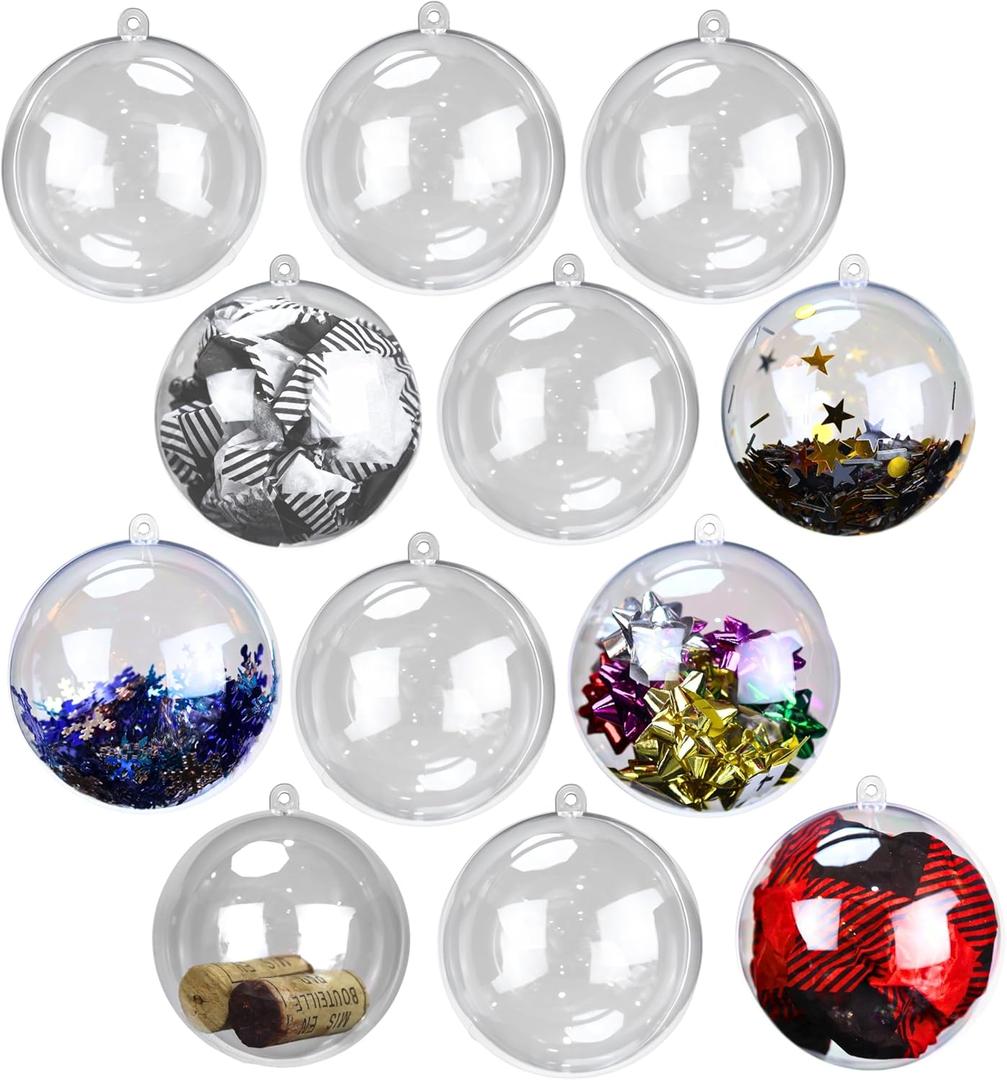 Iconikal 8 cm 12-Pack Fillable Clear Plastic Ball Ornaments, 3.1-Inch (80 mm) for DIY Crafts, Christmas & Holiday Decor